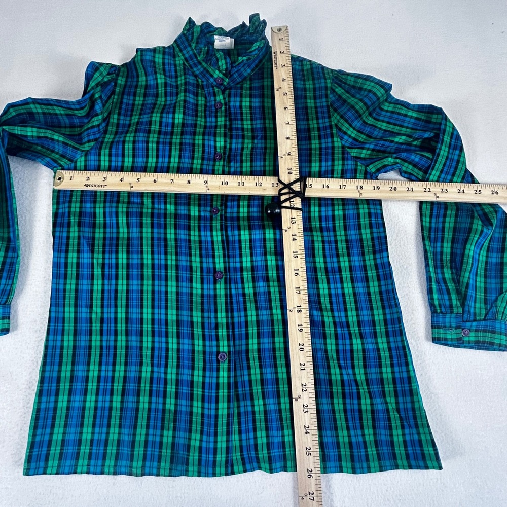 Vintage JCPenney Fashions Plaid Blouse Green Blue Ruffle Neck ILGWU USA 13/14 - Picture 3 of 9